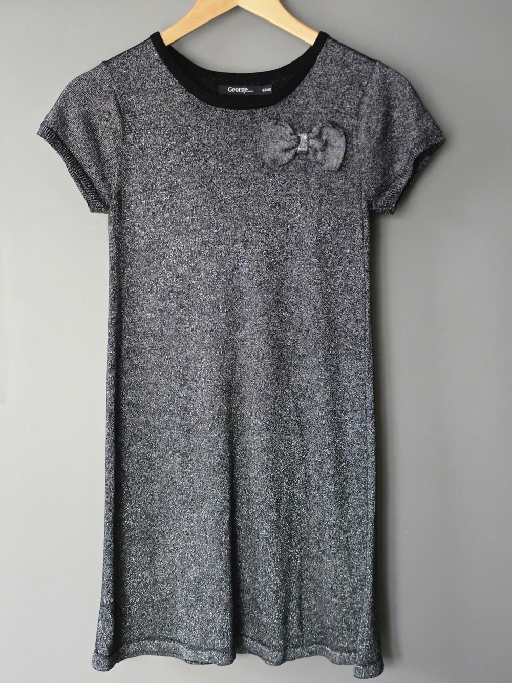 George Silver Metallic Knit Short Sleeve Dress with Bow Size XL 14-16